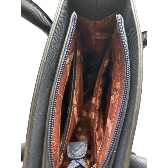 Small Navy Faux Leather Blue Handbag With Gold Accents & Double Handles Classy - Picture 4 of 9